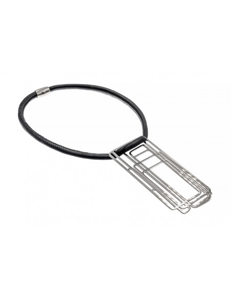 Delicate leather necklace with a shiny stainless steel pendant in a modern design