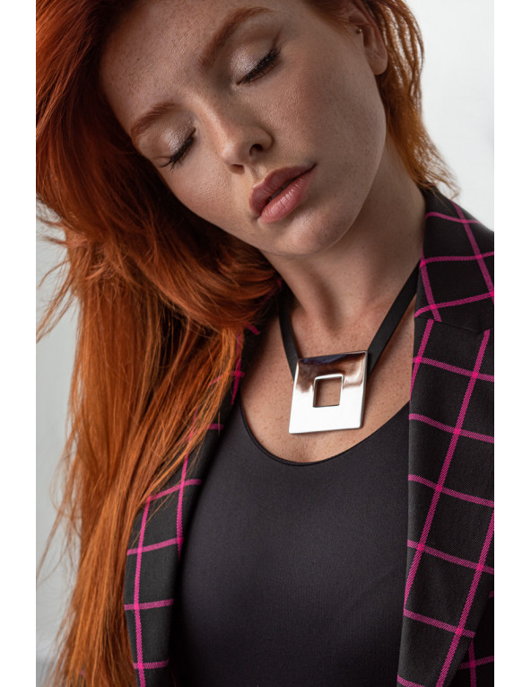 Leather necklace with large shiny square stainless steel element