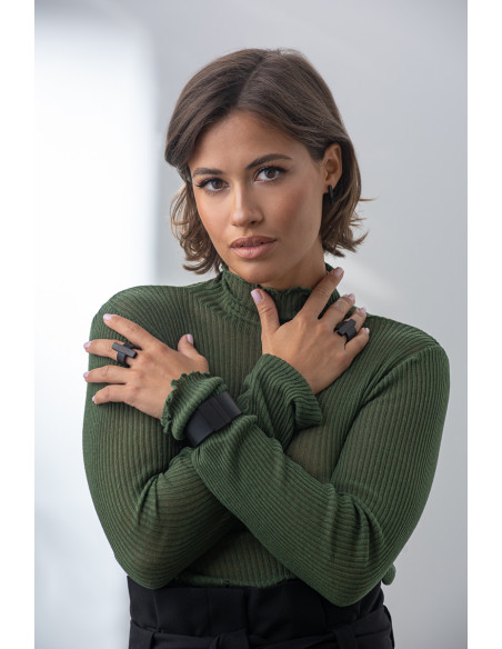 Ring made of leather and matte black stainless steel – minimalist and wide