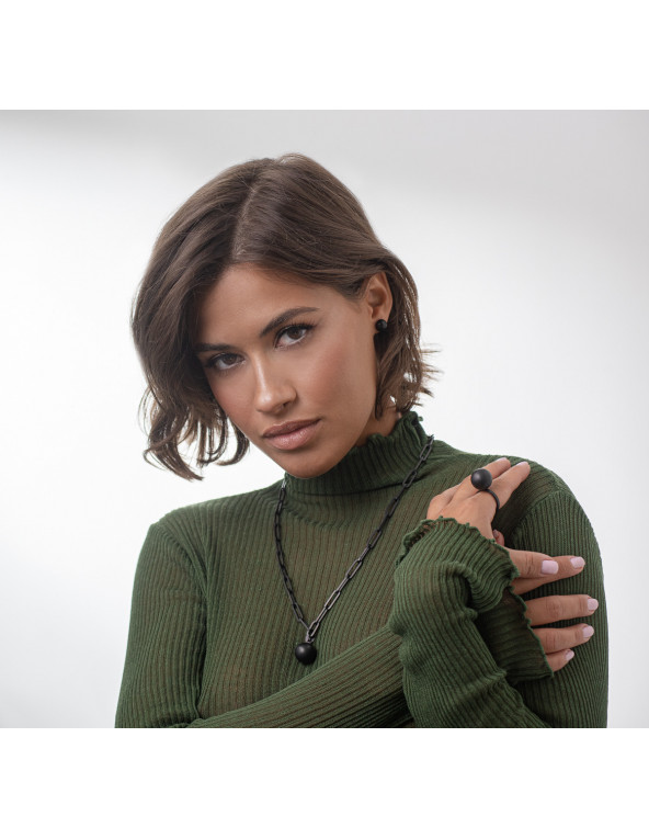 Black stainless steel choker with large links and decorative ball in matte finish