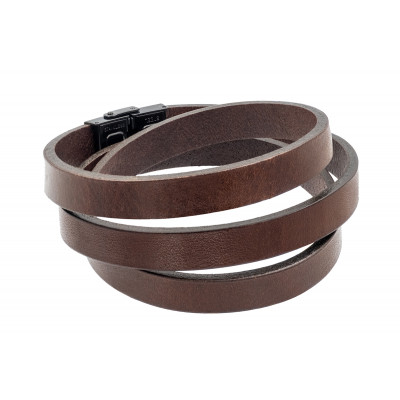 Men’s triple-wrapped brown leather bracelet with black adjustable watch clasp.