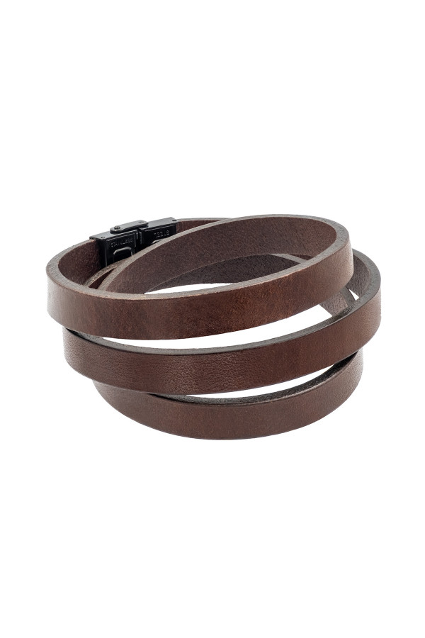 Women's triple-wrap brown leather bracelet with black clasp