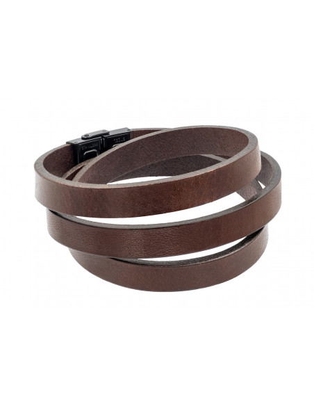 Men’s triple-wrapped brown leather bracelet with black adjustable watch clasp.