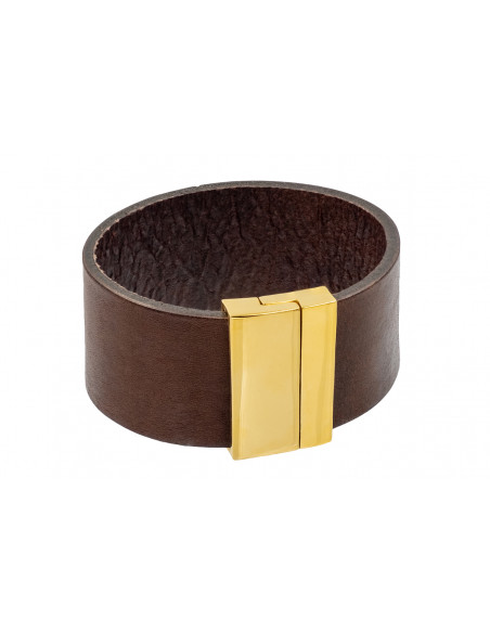 Brown leather bracelet with glossy gold magnetic clasp