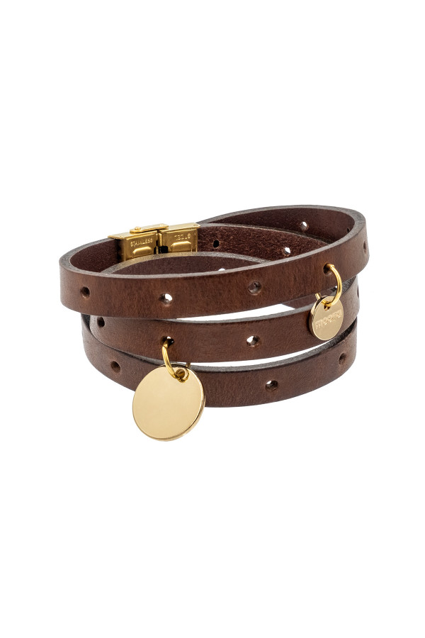 Brown leather bracelet with gold-plated charms and gold clasp