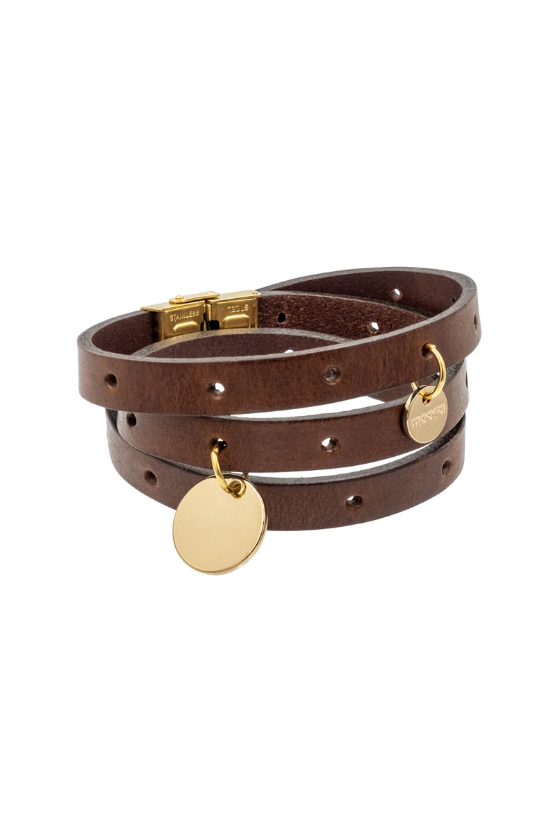 Brown leather bracelet with gold-plated charms and gold clasp