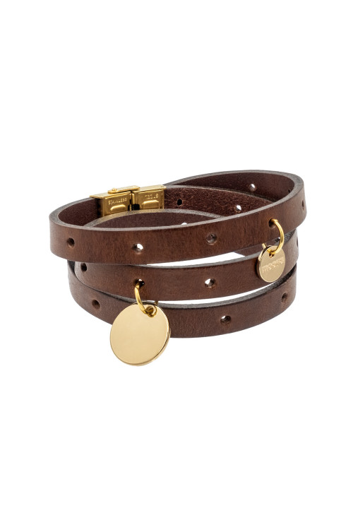 Brown leather bracelet with gold-plated charms and gold clasp