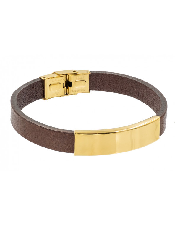 Men's brown leather bracelet in gold plated stainless steel