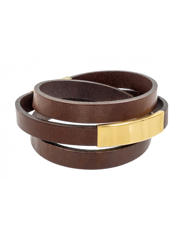 Brown leather and gold-plated stainless steel bracelet