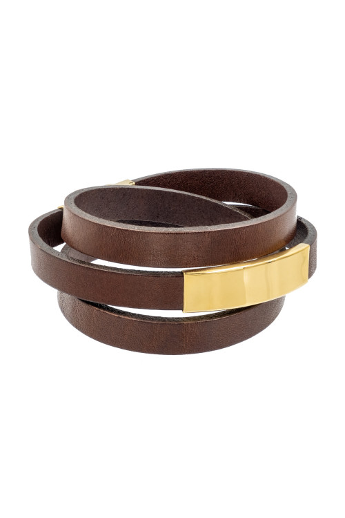 Women’s brown leather bracelet with gold-colored stainless steel plate and watch-style clasp.