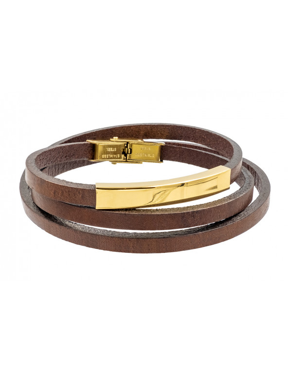 Triple-wrap women’s bracelet made of brown leather with gold-colored stainless steel plate.