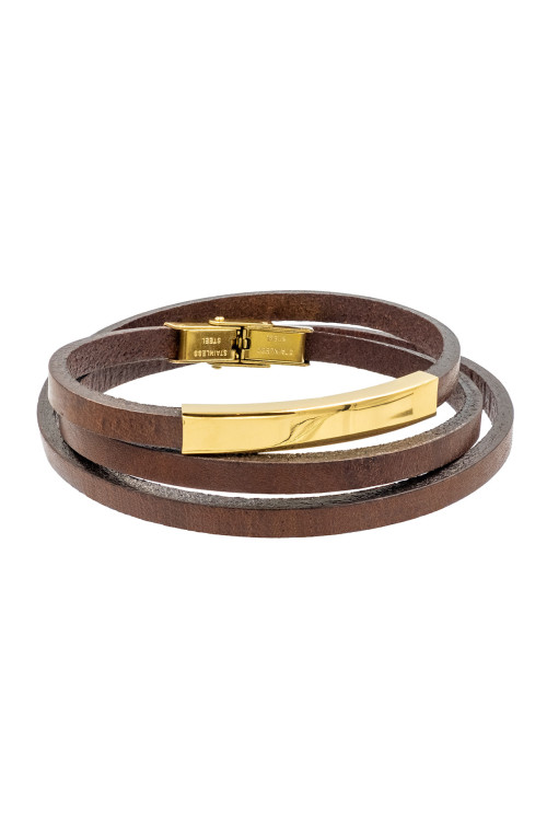 Triple-wrap women’s bracelet made of brown leather with gold-colored stainless steel plate.