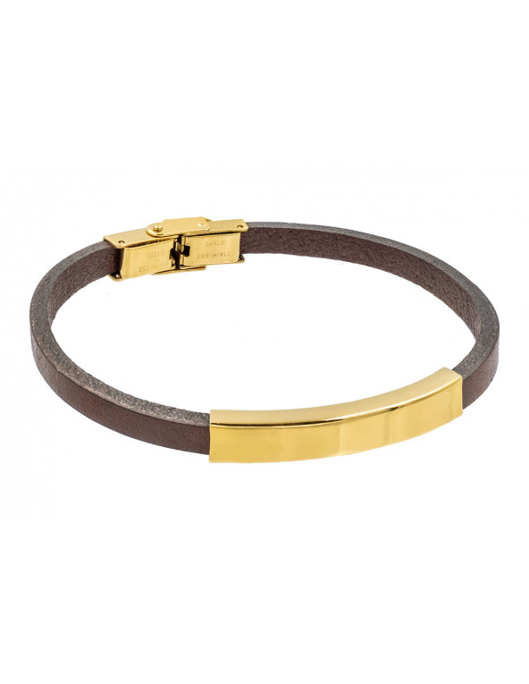 A delicate women's bracelet in brown natural leather with a gold stainless steel element.