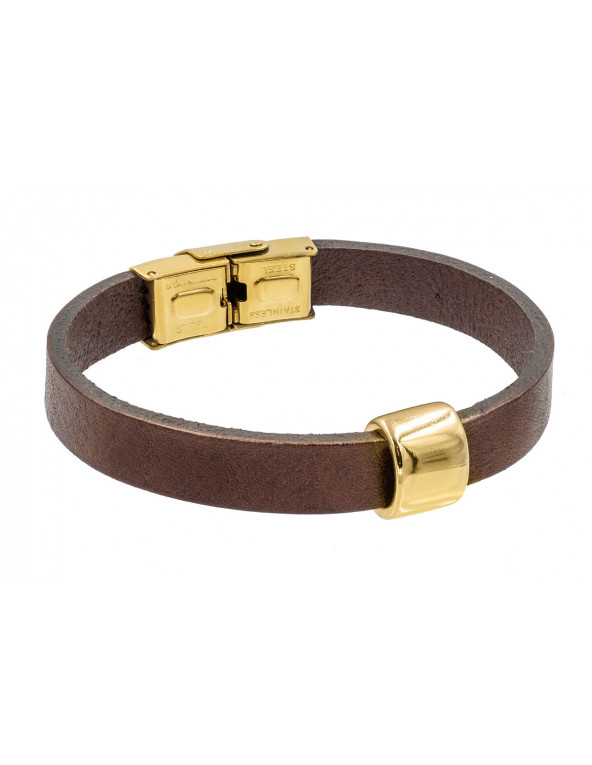 Brown leather bracelet with stainless steel accents