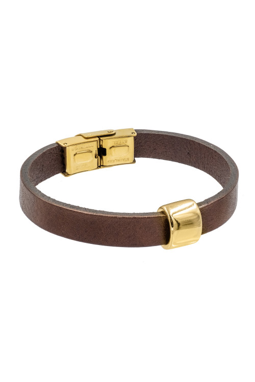 Brown leather bracelet with stainless steel accents