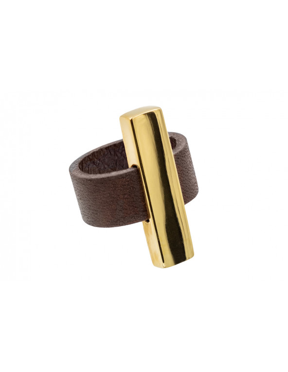 Ring made of brown genuine leather and gold-plated stainless steel