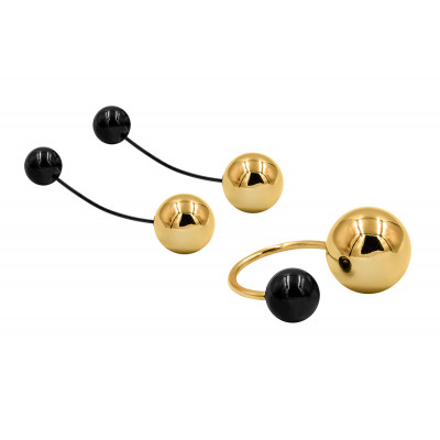 Stainless steel jewelry set with a large golden sphere – ring and earrings in an elegant gift set.