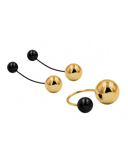 Stainless steel jewelry set with a large golden sphere – ring and earrings in an elegant gift set.