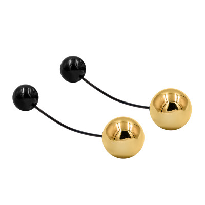Gold-plated stainless steel earrings with black and gold spheres – elegant two-tone design.