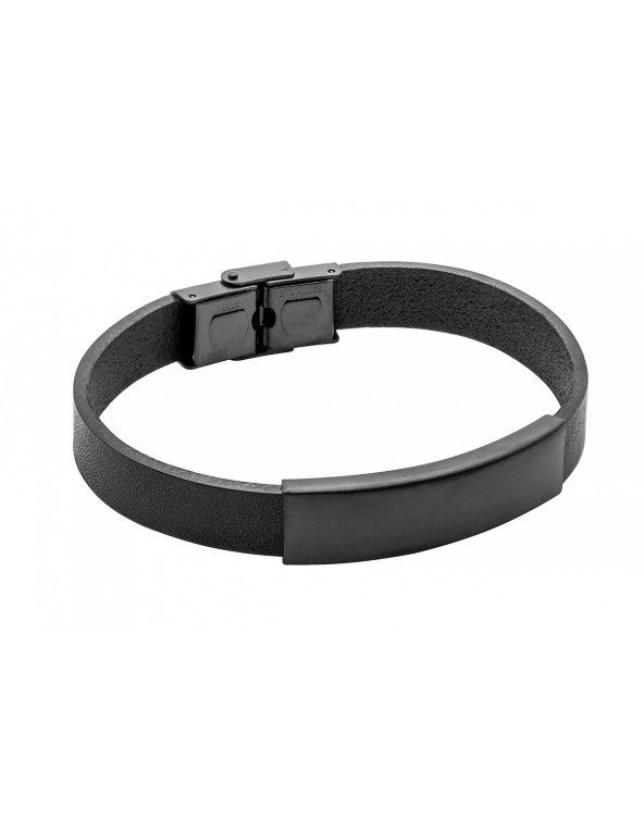 Women's black leather bracelet with matte steel plate and watch-style clasp.