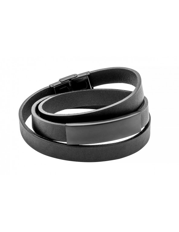 Triple-wrap black leather and steel bracelet