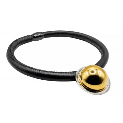 Black leather necklace with a shiny gold stainless steel pendant