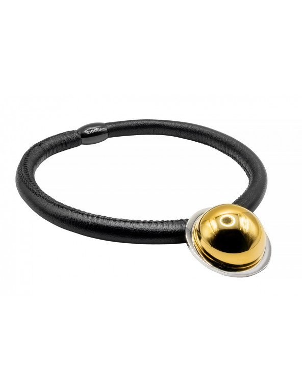 Black leather necklace with a shiny gold stainless steel pendant