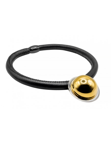 Black leather necklace with a shiny gold stainless steel pendant