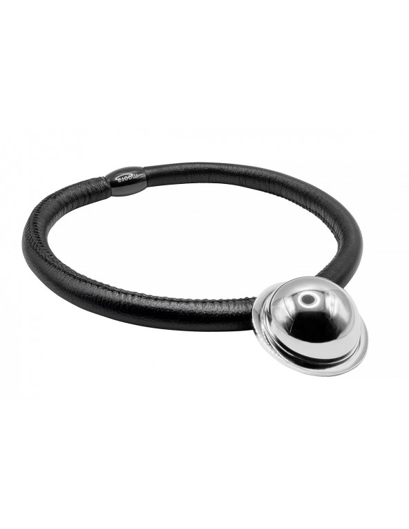 Black leather necklace with a shiny silver stainless steel pendant