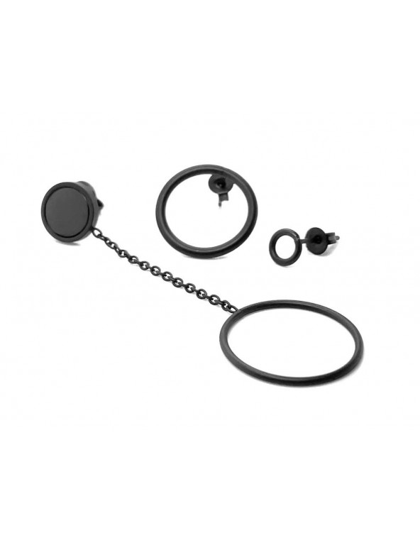 Set of 3 different matte black stainless steel earrings