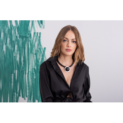 Black leather necklace with matte black stainless steel pendant 2