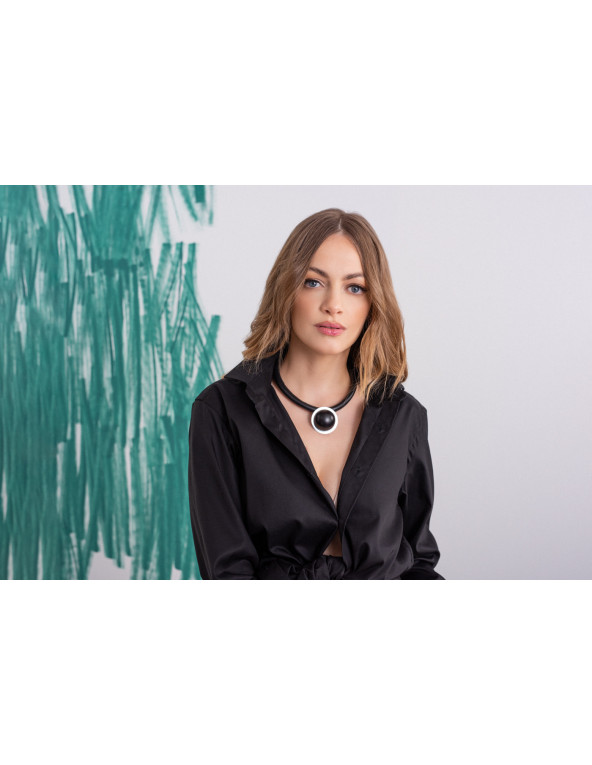 Black leather necklace with matte black stainless steel pendant