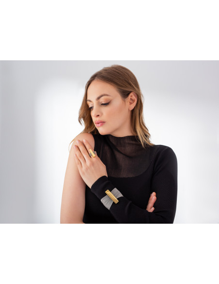 Gold stainless steel ring with silver steel mesh