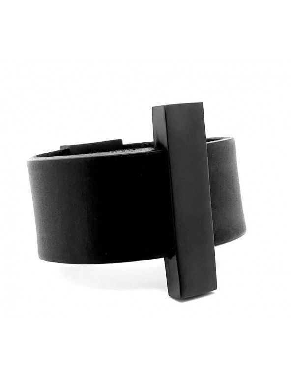 Black leather bracelet with matte stainless steel, handcrafted