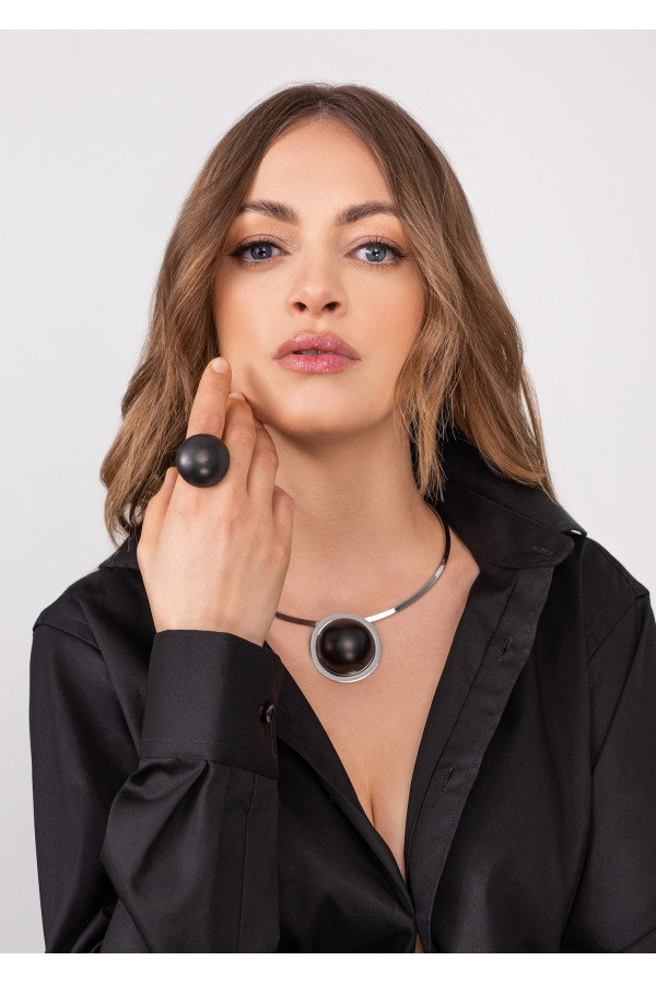 Delicate silver stainless steel choker with a black matte pendant 2