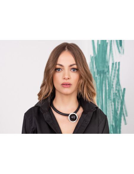 Black leather necklace with matte black stainless steel pendant