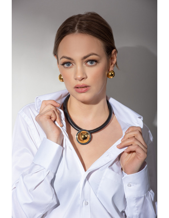 Black leather necklace with a shiny gold stainless steel pendant