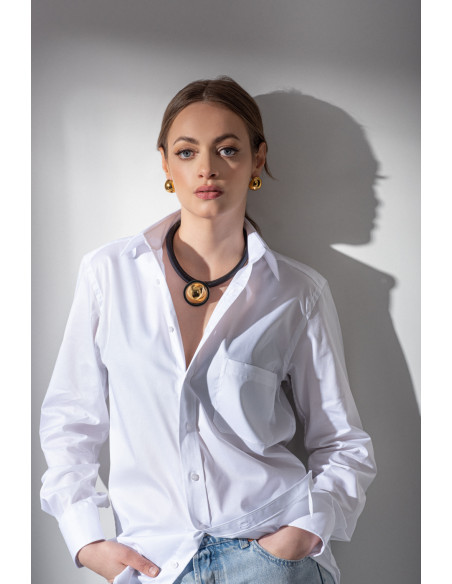 Black leather necklace with a shiny gold stainless steel pendant