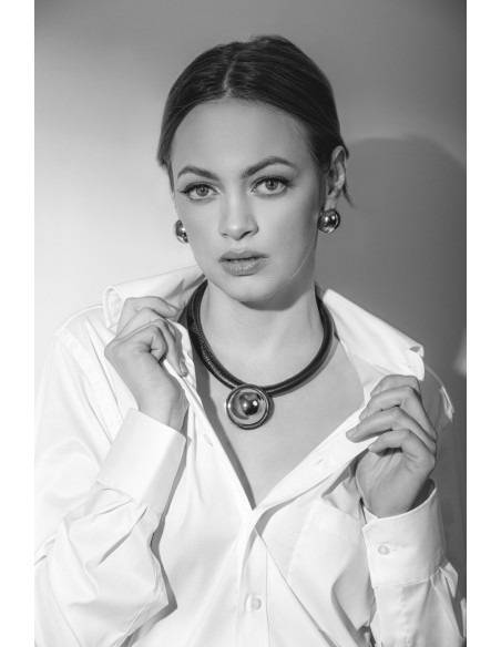 Black leather necklace with a shiny silver stainless steel pendant