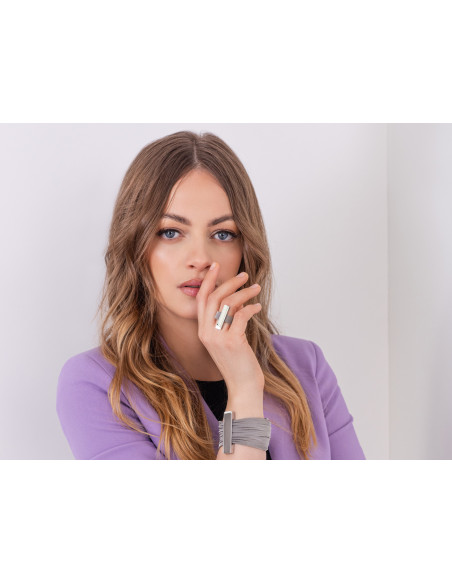 Silver stainless steel ring with fine steel mesh