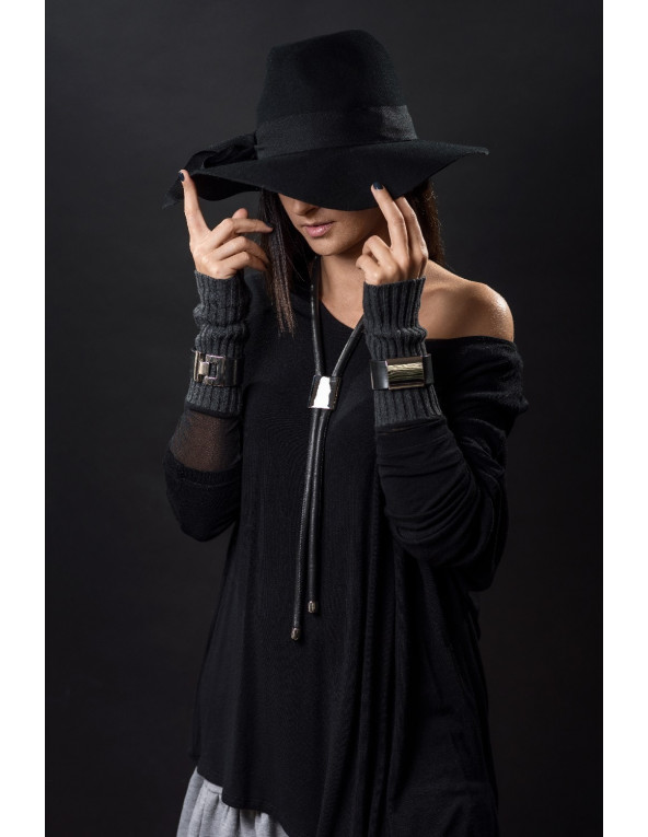 Black leather necklace with adjustable shiny stainless steel slider