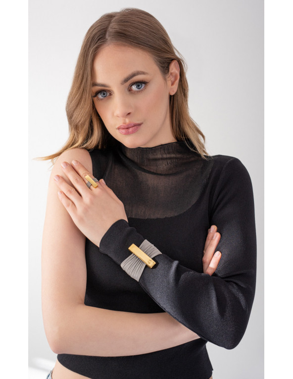 Gold stainless steel ring with silver steel mesh