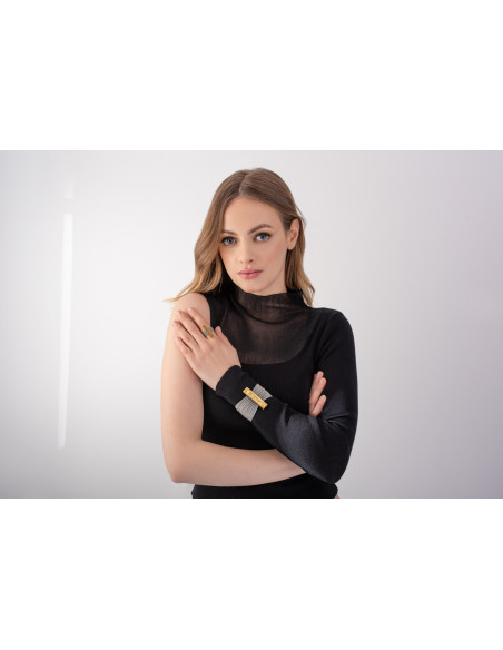 Gold stainless steel ring with silver steel mesh