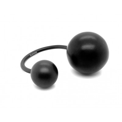Matte black stainless steel ring with two spheres in minimalist style