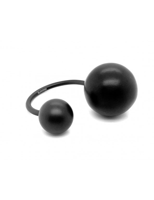 Matte black stainless steel ring with two spheres in minimalist style