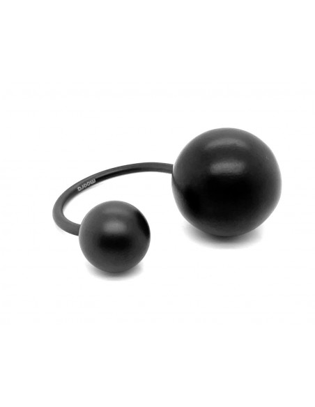 Matte black stainless steel ring with two spheres in minimalist style