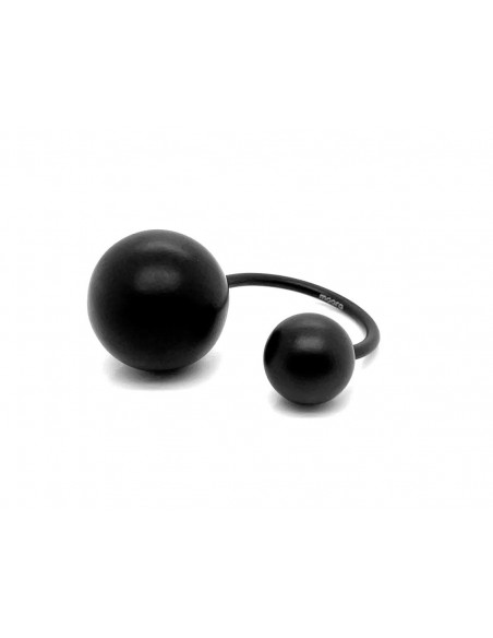 Matte black stainless steel ring with two spheres in minimalist style