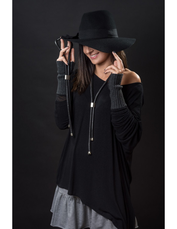 Adjustable black leather necklace with shiny stainless steel slider