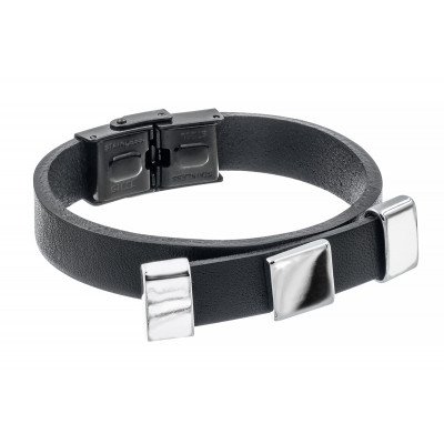 Black leather bracelet with polished stainless steel detail