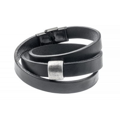 Black leather bracelet with matte steel accent and adjustable watch-style clasp
